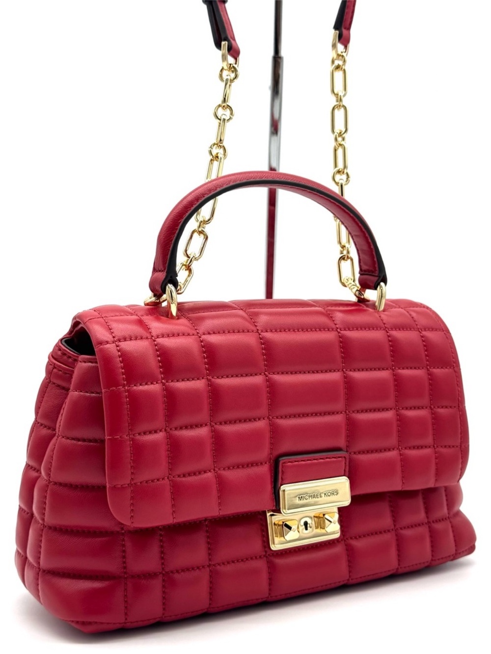 Michael Kors Tribeca Medium Quilted Leather Satchel Bag Crimson Red